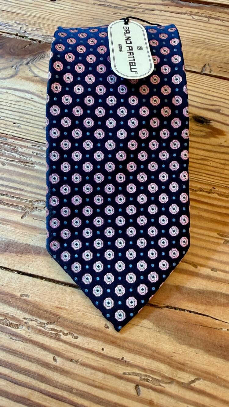 Bruno Piattelli Made in Italy 100% Navy + Pink Geometric Tie NEW